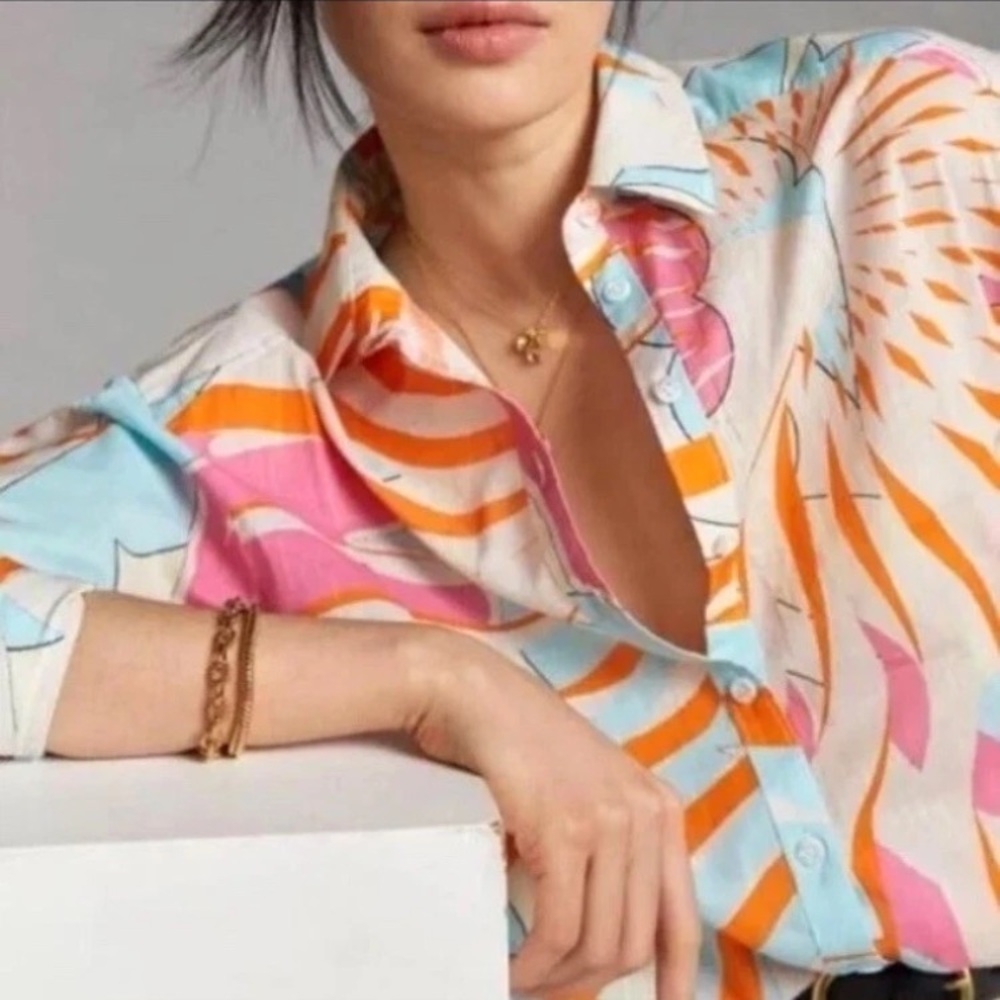 Maeve / Anthropologie Katia Floral Burst Button Down Shirt Tunic 100% Cotton Med